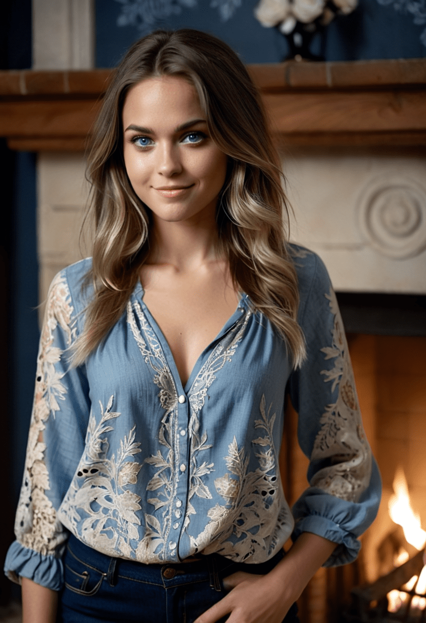 Photograph of a young woman standing in front of a lit fireplace at night, long brunette hair with light blonde highlights, light-blue perfect eyes, staring alluringly at the viewer with a bit of a smile, dynamic pose, wearing a gorgeously detailed summer blouse with a low neckline, jeans, extremely intricate details, masterpiece, epic, silhouette style, casting shadow style, f/2. 8, bokeh