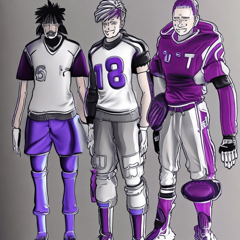 Anime characters wearing football uniforms, in cyberpunk style, dark white and light purple, precise brushwork, automatism, official art, clear subject development, high detail --ar 1:2 --stylize 750 --niji 6