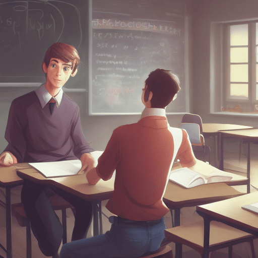 A male student being taught by their teacher in a classroom, school, classroom, sitting in a chair, desk, papers on desk, holding a pencil in hand, high school, indoors, happy, masterpiece, 128k, digital painting, (detailed, perfect anime quality) , cool scenery, perfect face, photo quality