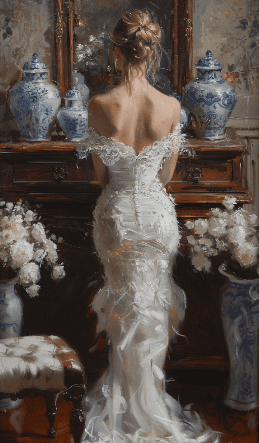 An oil painting of the back and shoulders of an elegant woman wearing a white dress, looking at her reflection in a mirror on a wooden chest full with vases, --s 250 --v 6. 0 --style raw --ar 52:89
