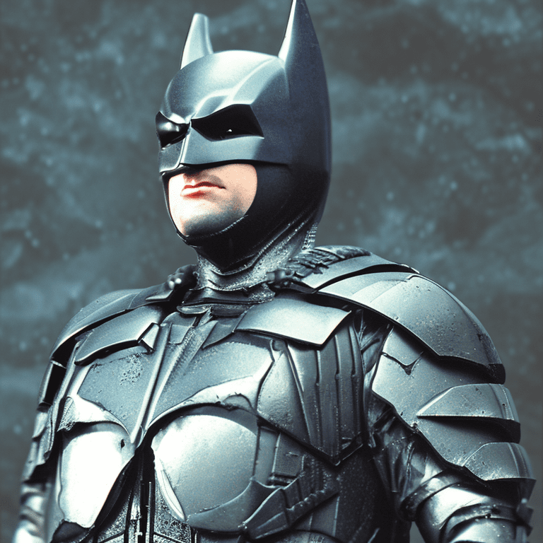 Batman wearing battle damaged armor | blue eyes| starship troopers | its a dark rainy night| epic fight scene| wounded from battle| detailed face| extreme details| cinematic| masterpiece| photography| stunning environment| shiny| smooth| atmosphere| detailed| intricate| full of colour| cinematic lighting| hyperrealistic| focused| lumen reflections --v 5