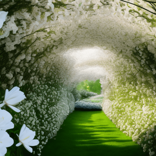 Flower tunnel, white flowers, 8k, uhd, depth of field, highly detailed , hanging garden, organic, epic, drama, fairytale night, 8k uhd, hdr, (masterpiece: 1. 5) , (best quality: 1. 5)