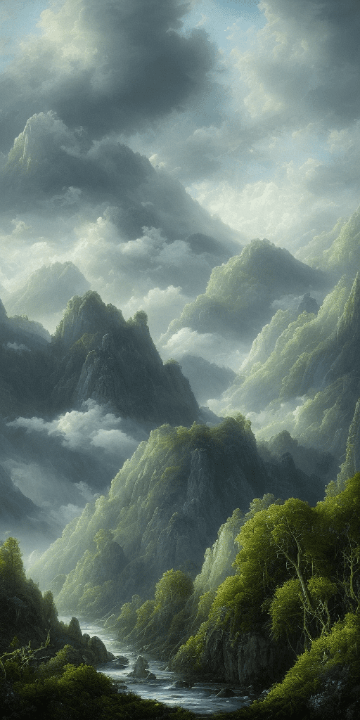 An endless mountain range on the background, covered full with lush green forests and life, blue sky with expressive but formless clouds and stars, a swirving river with clear water reaching out to the front of the scene, in the style of atmospheric paintings, with tones of gray, black, green dark indigo and light cyan, aquamarine blue and white, lovely mind-bending sculptures, realistic hyper-detail, in the style of complex compositions, dmitry spiros, balanced proportions, hard edge painting, fluid simplicity --ar 63:128 --stylize 750