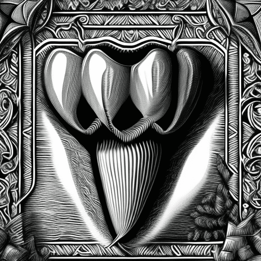 Craft a compelling 2d black and white illustration with intricate detail: at the forefront, a meticulously rendered tooth hangs suspended in mid-air, its texture and shape sharply defined, casting a deep, intricate shadow that adds depth and drama to its descent. The tooth should appear almost frozen in motion, emphasizing its pivotal moment in the scene. Below, the depiction of water is crucial: use fine, undulating lines to convey the gentle movement of a flowing river. The water's surface should ripple subtly, suggesting a serene yet eerie atmosphere. Small, meticulously crafted skulls float within the water, each one unique in its design, some partially submerged and others drifting on the surface. Ensure the composition emphasizes the contrast between the solid, detailed tooth and the fluid, ethereal quality of the water and floating skulls.