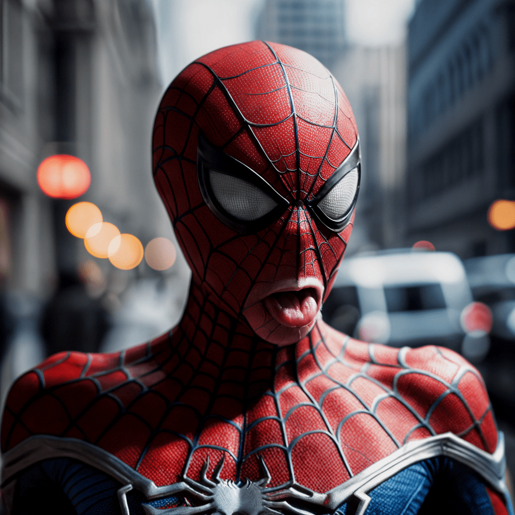 Spiderman (showing tongue) , small tongue out, depth of field , bokeh