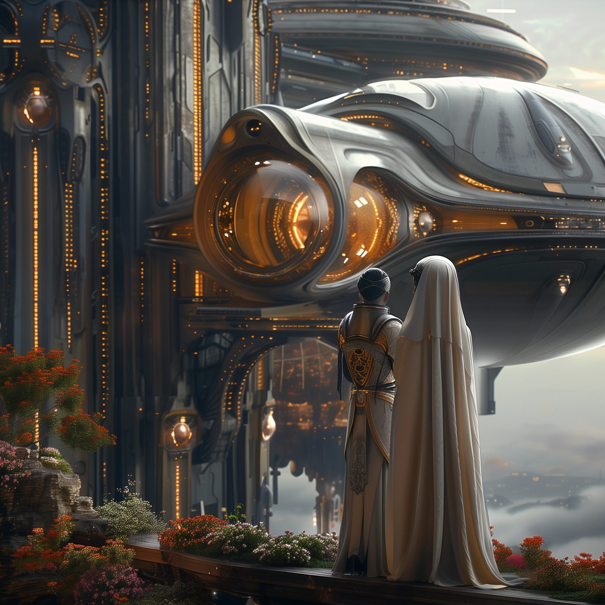 A man and woman from another world standing in front of a building on a habitable planet, architecture of the buildings should be divinely inspired, humble yet advanced, plants and flowers, trees and foliage should be included in the scene --ar 1:1 --personalize nwnd4j3 --stylize 600