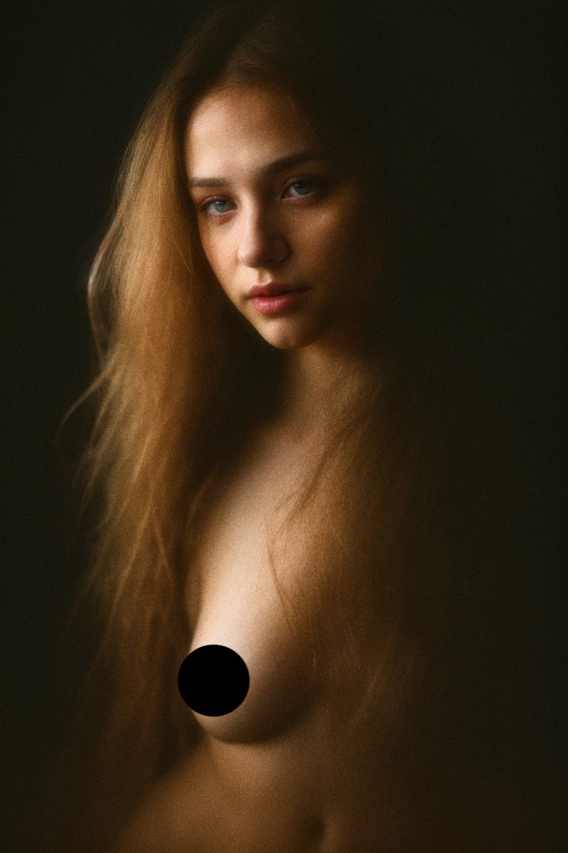 Full body photo of a young (voluptuous:1. 1) ethereal woman with flowing long (messy:1. 1) golden (blonde:1. 2) hair that (cover:1. 3) her larger breasts, eyes covered by hair, (volumetric:1. 1) (chiaroscuro:1. 2) (backlit:1. 1) , analog color film photograph, 50mm f1. 2l lens (shallow:1. 2) depth of field, emotions, sensual pose, high dynamic range, hdr, low key, (subsurfacescattering:1. 2) , (moody:0. 9) shadows and (complex:1. 1) lighting. (green:0. 8) radiant eyes, raw photography. Art by ross tran, antonio j. Manzanedo, tom bagshaw, mandy disher, cinematic, 32k, stills from steven spielberg epic film, clear focus, hyperrealistic repin artstation painting, detailed character design concept art, matte painting