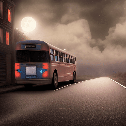 Side view of a long strange bus at a distance, in a dark alley, in the middle of the night, moonlight, spooky clouds, cinematic lighting