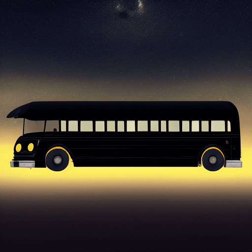 Long black glossy school bus in the middle of the night, on a hill