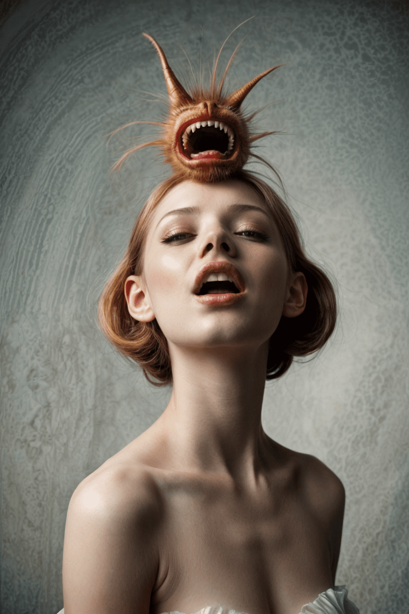 A woman with monsterhair on her head, who is screaming. Her mouth is open, and her eyes are wide. The background is a gradient of gray and black.