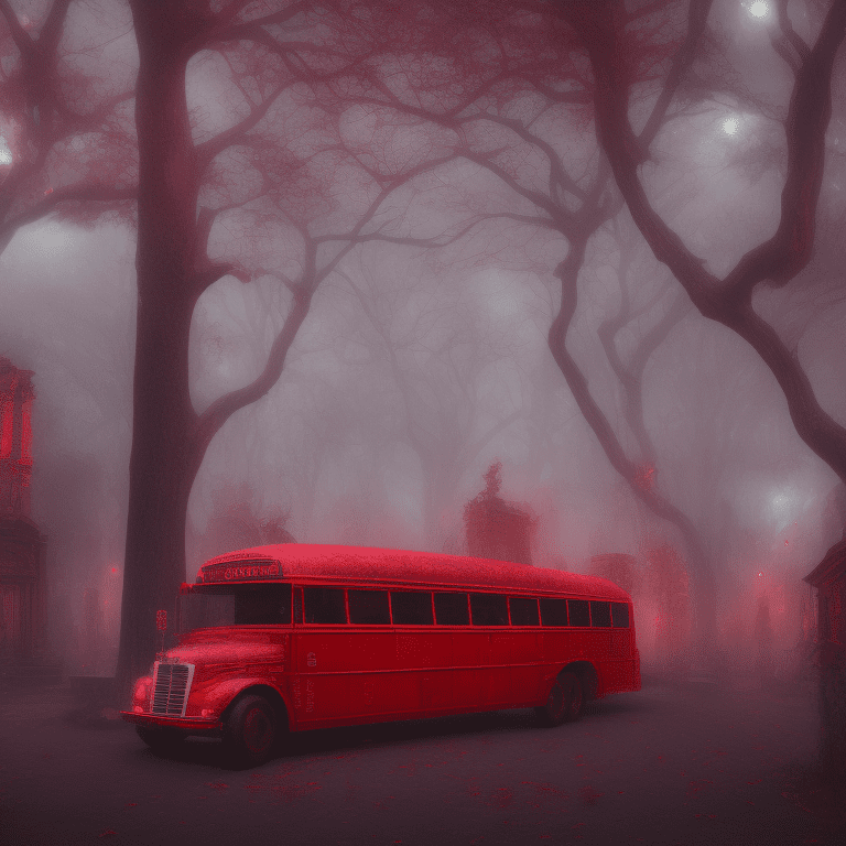 Angled view of a detailed shiny metallic huge school bus, bus boys is blood red, dark fairytale aesthetic, intricate details, in the middle of the night, very detailed, lit street, dead trees, streets lights, foggy, divine presence, cemetery nearby
