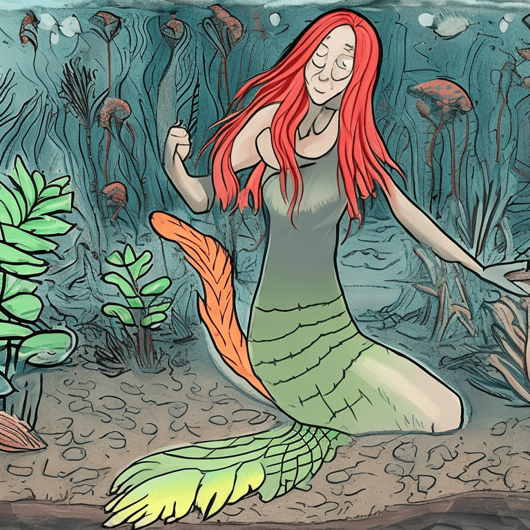 In an aquarium, a mermaid with terracotta hair in a path between chaos plants, destroyed cars like junkyard