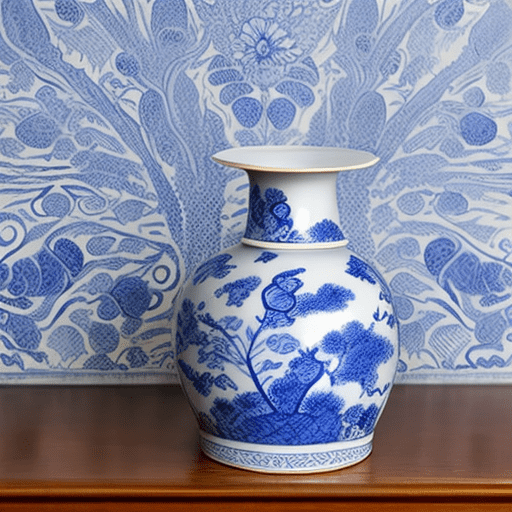 Elegant porcelain vase, intricate blue and white patterns, water-ink painting style, cultural heritage, delicate floral motifs, placed on a wooden stand