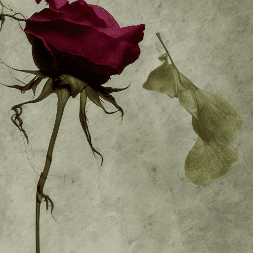 A single, almost-dead flower, a wilted rose, drooping under its own weight, with petals turned inward, crumpled, and faded. Covered by a thin, rose-tinted, transparent layer that catches the light, giving it an ephemeral beauty. The background is a soft, blurred field of greens and golds, suggesting a distant, out-of-focus garden. The color palette includes soft pinks, purples, translucent reds, hints of brown and gray for the petals, with the transparent layer in rose and blush tones. Gentle, sweeping brushstrokes for the transparent layer and textured, uneven strokes for the flower. The background uses soft, blended strokes. The painting evokes bittersweet beauty, nostalgia, and a touch of melancholy, highlighting the illusory beauty of the rose