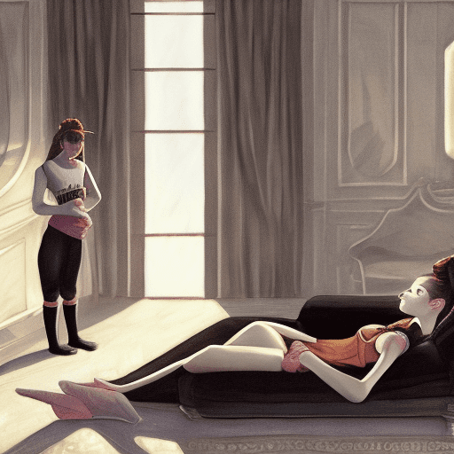 15 year old girl, black sports top, lying down on a sofa in a mansion, servants standing around her, extremley detailed, datlight, brown ponytail hair