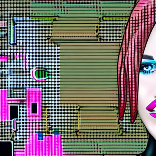 Cyberpunk themed potrait of a girl looking behnid. Pink-colored hair, blue eyes, sharp nose, pink lips.