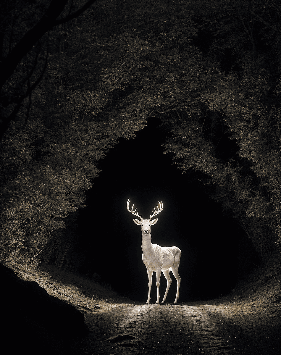 A distant photo of a white deer made of white light with big horns, standing in the middle of a very dark, pitch black, tunnel made of trees. Break ultra-realistic, high dynamic range, 3 dimensional. (embedding:cosmos:1. 2)