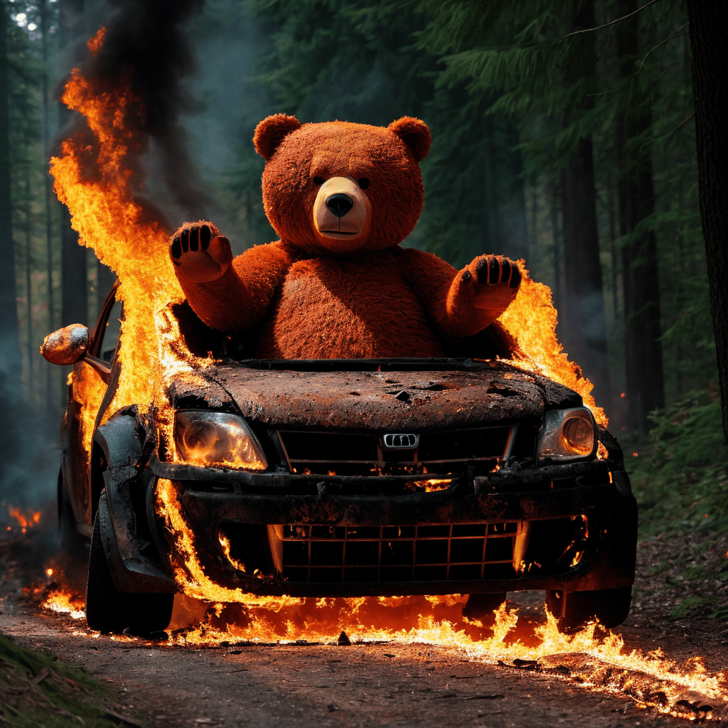 Surrounded by woods and trees a burning car in flames and fume, a huge bear driving a burning car , depth of field