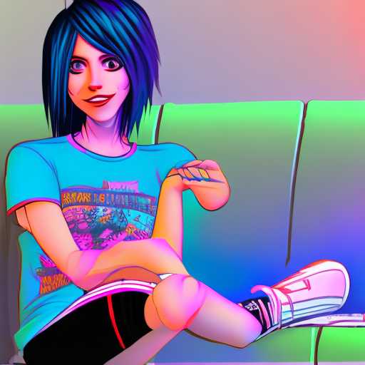 Emo woman, vibrant and full of bright colors, looking at the camera, emo band tshirt, slender thighs, exercise shorts, lounging on a couch, comfortable living room, skater slip-on shoes, familiar pose, volumetric lighting, light rays, bright and cheerful, realistic, flirty smile, biting her lower lip, 8k, short blue hair