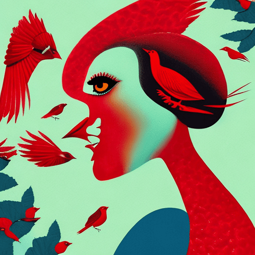 Woman in red birds around her, in the style of dreamlike compositions, album covers, bold and colorful graphic design