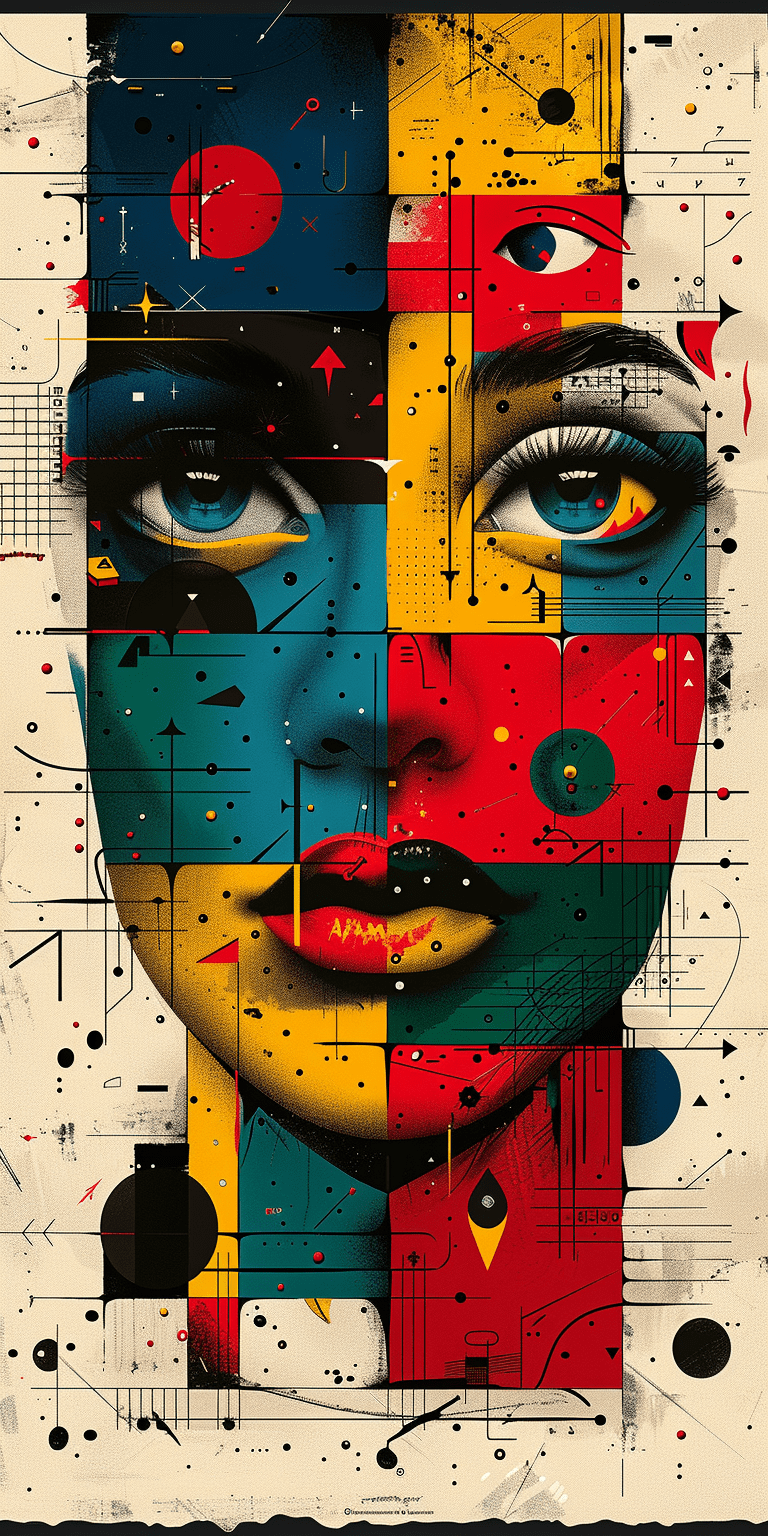 A colorful poster with various shapes and patterns, including eyes, musical notes, arrows, squares, circles, stars, lines, and abstract figures, in the style of picasso, flat illustration with a red, green, blue, black, white, and yellow palette on a simple background, vintage design with 2d vector art, high resolution, high quality, high detail, high sharpness, high contrast, high color saturation, high vibrance, high texture --ar 1:2 --stylize 750