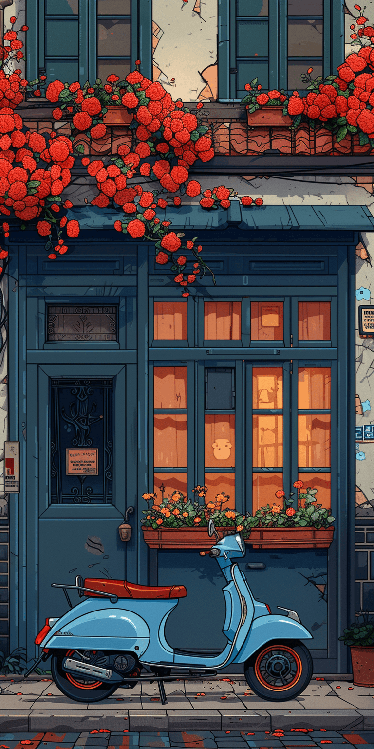 A blue moped parked in front of an old building with windows, flat graphic novel illustration in the style of matt trenchard and adrian tomine, with simple lines and flat colors in a minimalistic style, korean street scene depicted in a cute style --ar 1:2 --stylize 750