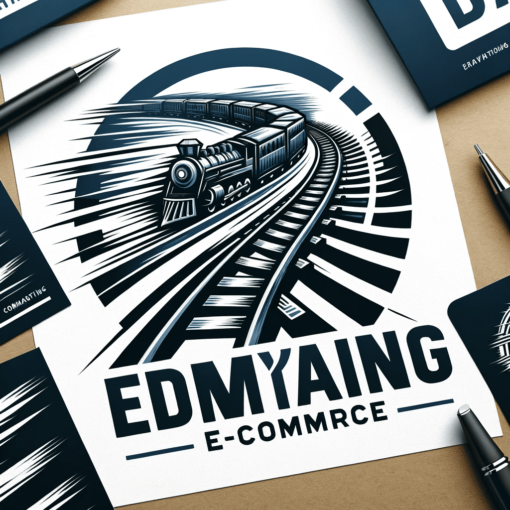 Create a mockup scenery for the making of a dynamic logo that emphasizes the movement and forward-driving nature of an e-commerce product. The railway tracks in the logo should be parallell with a moving locomotive, - (prompt description under progress )