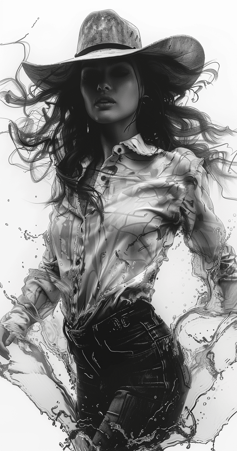 Beautiful lineart illustration of the cowgirl dancing, white background, monochrome, hyperrealism, photorealism by alberto sevesi and greg rutkowski, artgerm --ar 67:128 --stylize 750