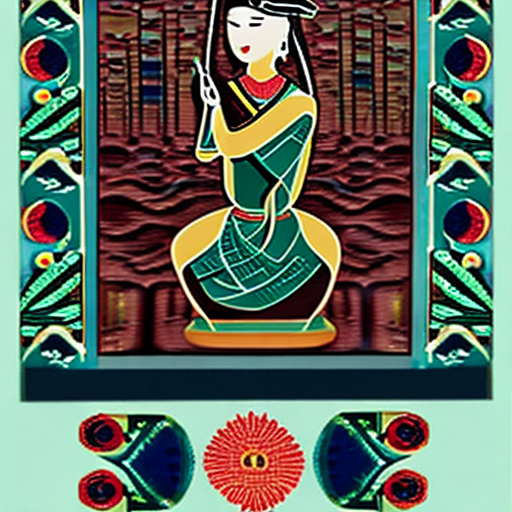 Create an image in the style of dunhuang art, specifically focusing on the elegant and graceful dunhuang ladies. The scene should feature finely dressed women with flowing robes adorned with intricate patterns, engaging in traditional activities such as playing musical instruments, dancing, or reading scrolls. The background should reflect the ancient chinese setting with delicate buddhist murals and serene desert landscapes. Use rich and vibrant colors, emphasizing gold, red, and blue hues. The overall composition should evoke a sense of timeless beauty and cultural richness, with detailed and harmonious elements.