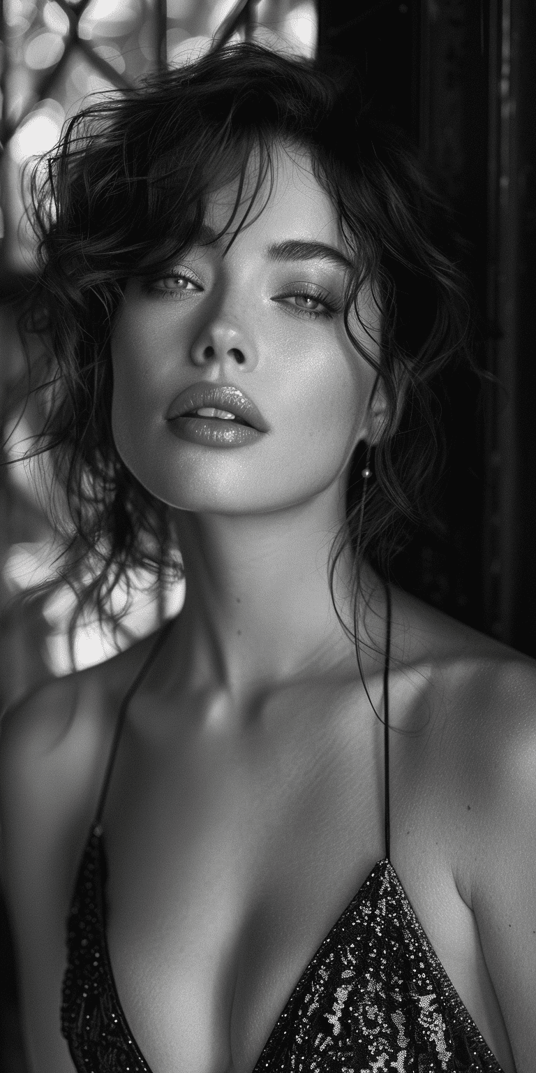 A black-and-white photograph of a woman, in the style of romanticized portraits, noir atmosphere, dark reflections on a dark background, close-up shot, tones of dark silver and light gray, hard edges, an ultra-high-definition image with clean lines, and a hyper-realistic --no freckles, distortion, water, sweat --ar 1:2 --stylize 750