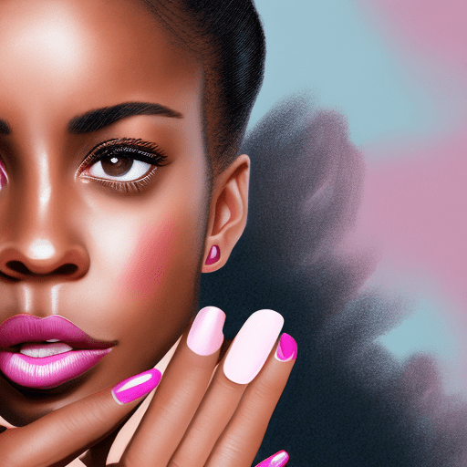 Close-up of a young african american woman with brown eyes and brown dredlock updo hair style. She looks directly at the camera with an intense gaze. Her right hand touches her face, fingers spread slightly on her cheek and lips, with light pink nail polish. The background is softly blurred, emphasizing her facial features.