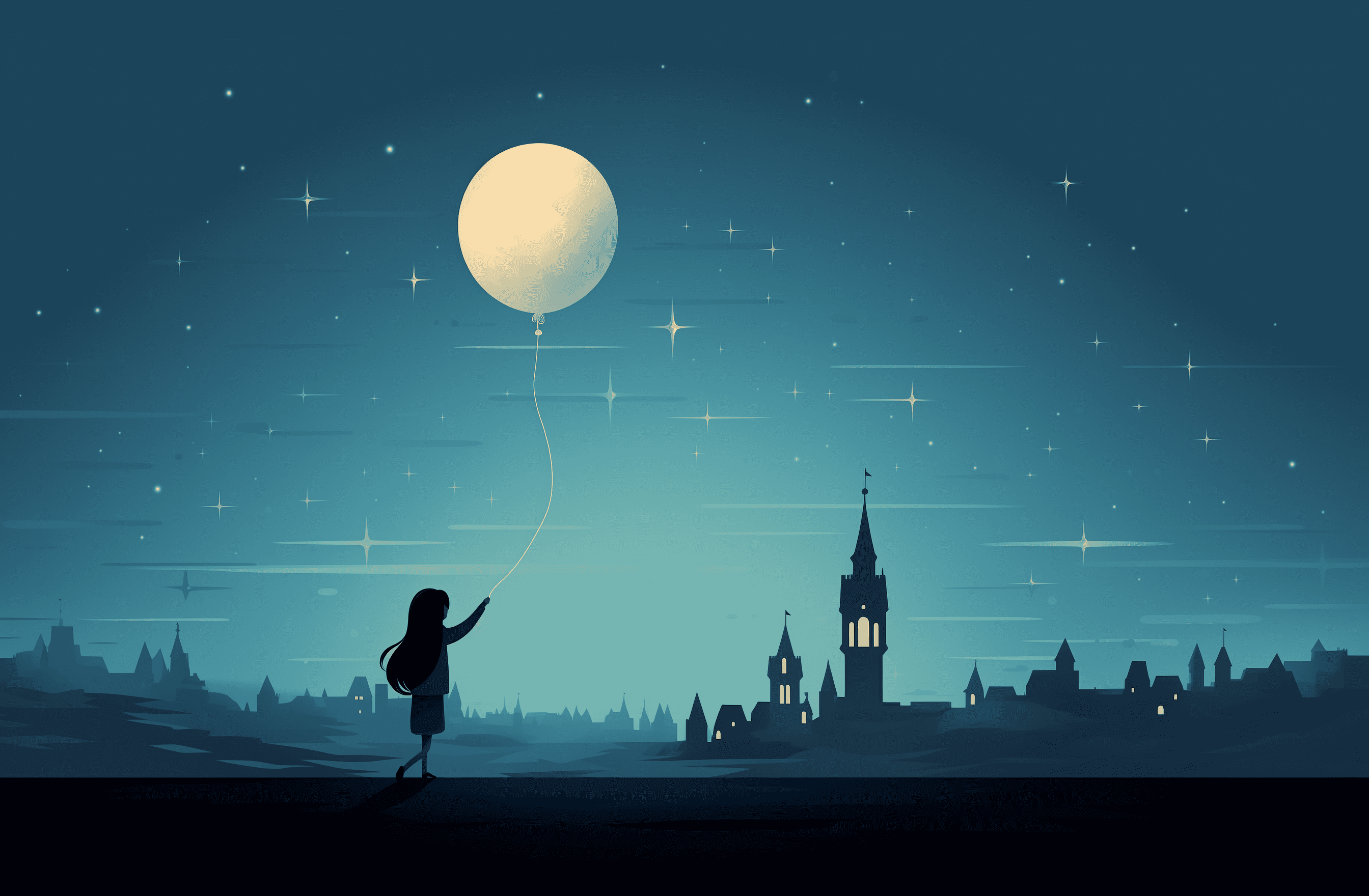 A woman with long black hair holding a balloon, walking in front of a clock tower at night, with a crescent moon and stars in the sky, in the style of goro fujita and oliver jeffers, minimalism --ar 32:21 --v 5. 2 --style raw