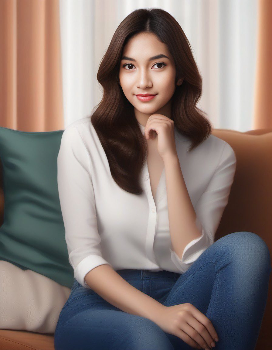 A woman, with long hair and jeans, sitting on a couch, in the style of cartoon realism, i can't believe how beautiful this is, cute and dreamy, disney animation, realistic hyper-detail, warmcore --ar 73:105 --stylize 750 --v 6