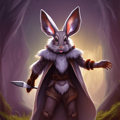 High detail, full body image of a bipedal rabbit, lop eared, big ears, harengon dnd 5e, male, holding sharp daggers in each hand pointing posteriorly, dark tree forrest scenery, dim lighting, fantasy fractal lights, wearing a cloak,
