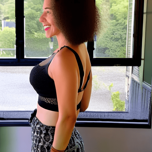 A woman with long, wavy hair in a high ponytail, wearing a black lace bra and shorts, stands with her back to the camera, looking over her right shoulder. She is in front of a large window showing a green outdoor area with a house in the background.