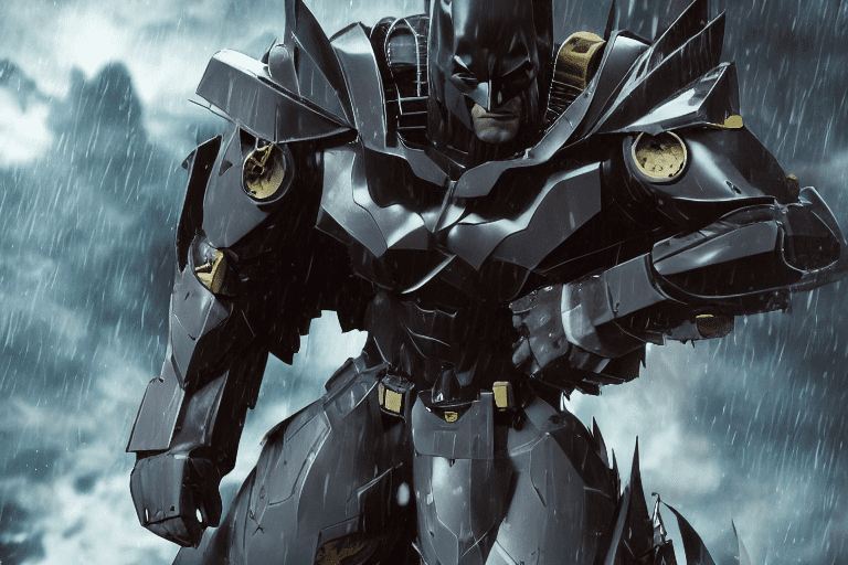 Batman wearing gundam armor| close up | water on face | brown eyes| brown beard | battle damaged armor| its a dark rainy night| epic fight scene| wounded from battle| detailed face| extreme details| cinematic| masterpiece| photography| stunning environment| shiny| smooth| surreal| divine| celestial| manga| anime| atmosphere| detailed| intricate| full of colour| cinematic lighting| hyperrealistic| focused| lumen reflections --v 5