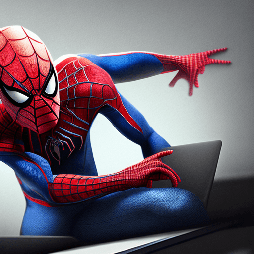 Spiderman with laptop, dark, cinematic, hyper realism, high detail, octane render, 8k