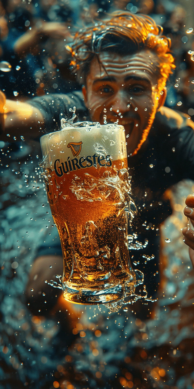 A man diving into an oversized glass of lager, illustration in the style of malika favre --ar 1:2 --stylize 750