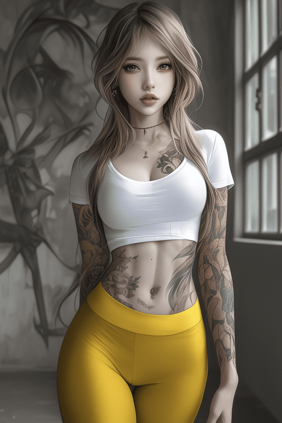 Very beautiful fullbody tattood girl in bright leggings, white cropped top, charismatic personality, professional photo, style of jessica drossin, super realistic photo, hyper detail, great attention to skin and eyes, professional photo, --ar 2:3 --style raw --stylize 750 --niji 6