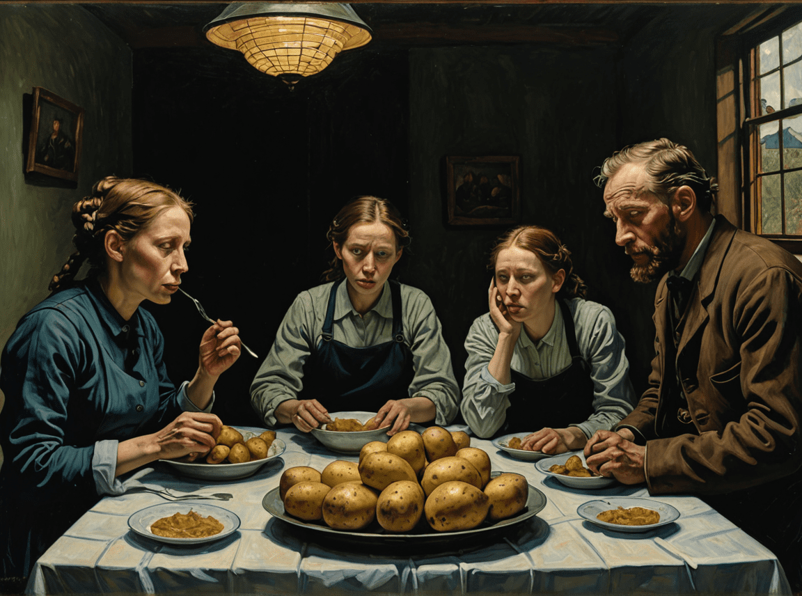 A new interpretation of van gogh's "potato eaters, " reimagined in the dramatic and masterful style of paula modersohn-berger. The scene should maintain the original's powerful condemnation of the sadness of a farmers family life in a small house. Use modersohn-berger's signature techniques of chiaroscuro to create deep contrasts between light and shadow, highlighting the intense emotions and turmoil of the figures. Incorporate modersohn-berger's detailed and realistic portrayal of human anatomy and expressions, ensuring that the anguish and despair are palpable. The background should feature rich, dark tones with subtle highlights that draw the viewer's eye to the central elements of the composition. Utilize modersohn-berger's masterful brushwork to convey texture and depth, making the scene both visually arresting and emotionally profound. The resulting artwork should honor the original message of "potato eaters" while showcasing modersohn-berger's ability to capture the human condition with unparalleled depth and realism.
