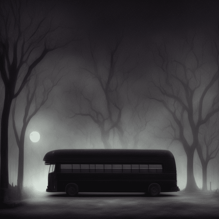Angled view of a detailed darkish black metallic school bus at a distance, dark fairytale aesthetic, intricate details, in the middle of the night, moonlight, very detailed, lit street, dead trees, streets lights, foggy, divine presence, cemetery nearby