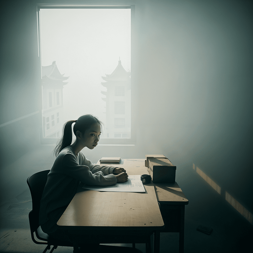 Top down angle photo, indoor of abandoned classroom in china, a girl sasha luss reclining on classroom desk, thought provoking composition, emerging from a mist and smog, spooky and creepy shadows, depth of field, motion blur bokeh