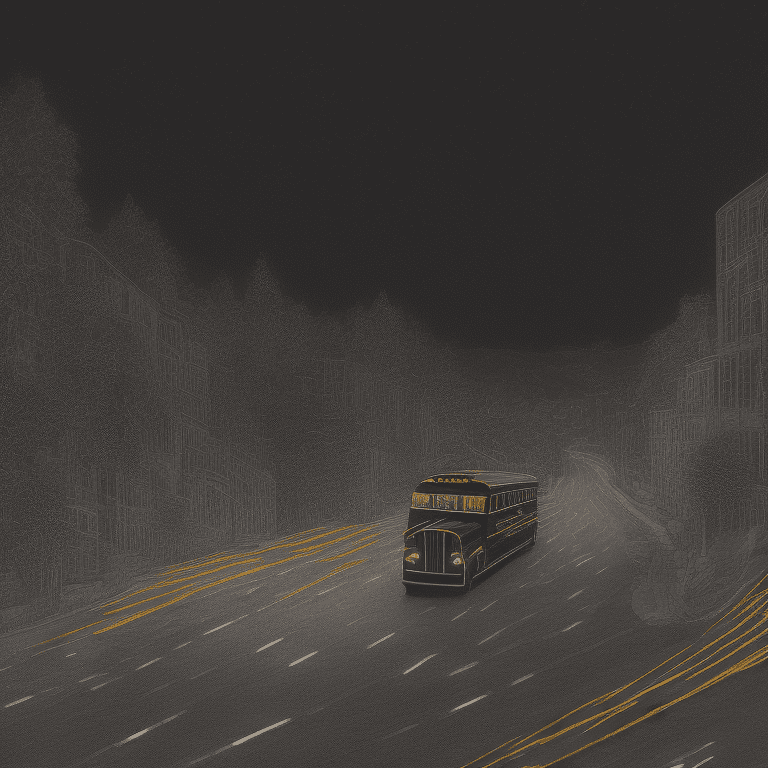 One big glossy black school bus at a distance on a hill, glowing lights, intricate details, in the middle of the night, very detailed, lit street, streets lights