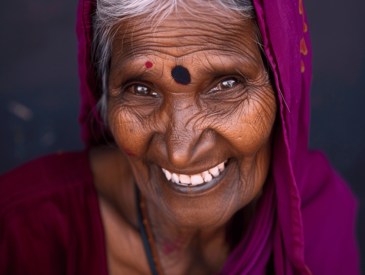 Portrait of an elderly indian woman, radiant smile, weathered bronze skin, aubergine headscarf, crimson garment, wisdom etched in facial lines, twinkling eyes, black bindi dot, pearly teeth, dramatic lighting, vibrant colors, high detail, cinematic realism, shot with medium format camera --ar 4:3 --stylize 000