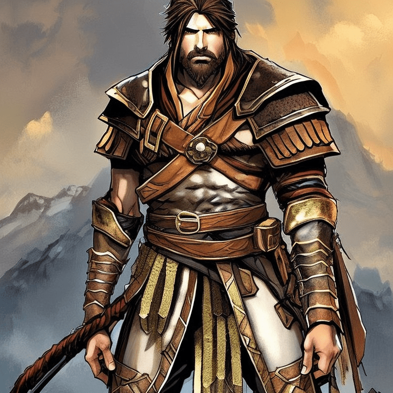 A mysterious warrior with long braided hair looks like god of war, leather armor, torn cloak, brown hair, rough dirty skin, blue eyes, warrior is a man, style of chris bachalo