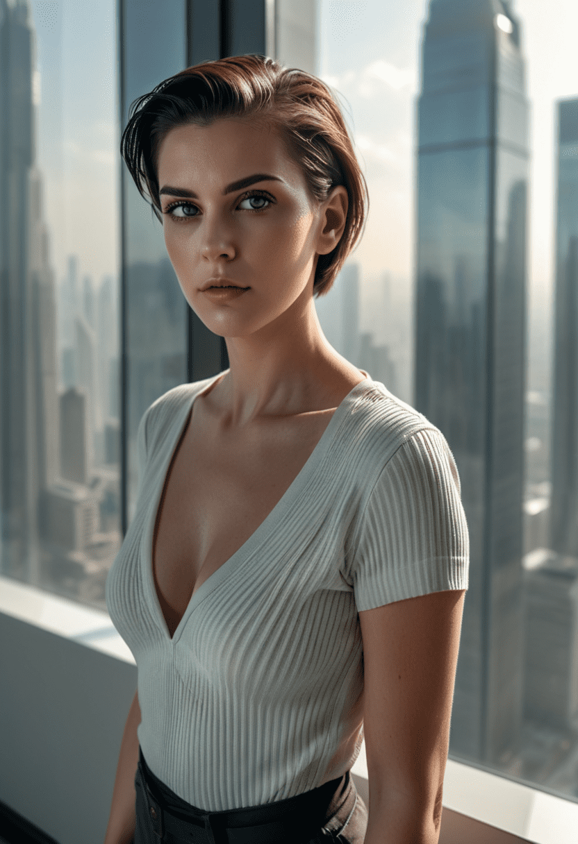 Photograph of a woman with slicked back short brunette hair, light-colored perfect eyes, from the side, white ribbed top with a low v-neckline, staring intently, dynamic pose, standing in front of a large window in a skyscraper with a view of a bustling city, hazy day, midday, cool color palette, casting shadow style, uhd, hdr, extremely intricate details, masterpiece