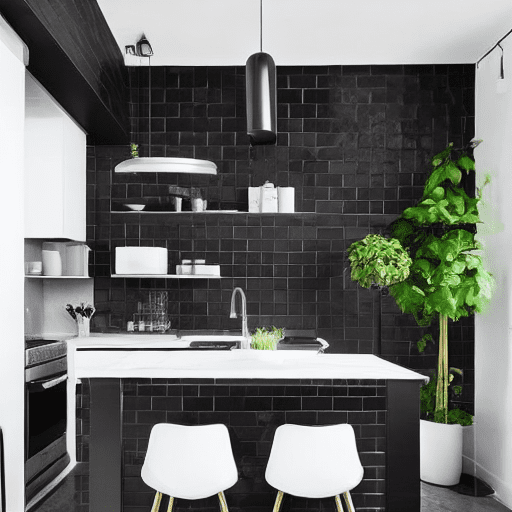 A small kitchen with a black and white kitchen set, white marble floor, gray plaster walls, small table and chairs (in the middle) , with green plants in flower pots, in the style of minimalism, hi-tech, interior design