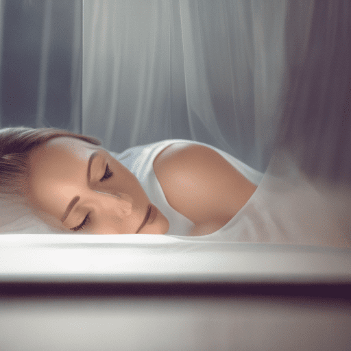 She is lying in bed, an almost transparent sheet on top.
