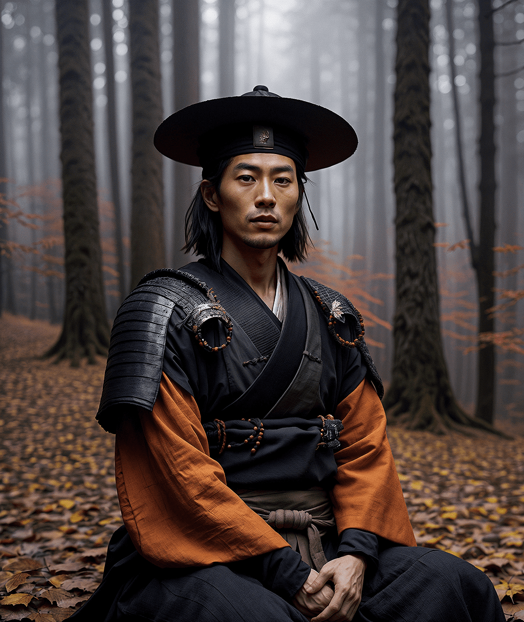 ([hdr, film still] lifelike textures), a samurai sitting surrounded by autumn forest, falling orange leaves , wearing black clothes round authentic ronin gasa hat, misty background, calm central composition, low contrast, highlighted shadows, cinematic color grading low contrast, selective focus, lifelike textures
