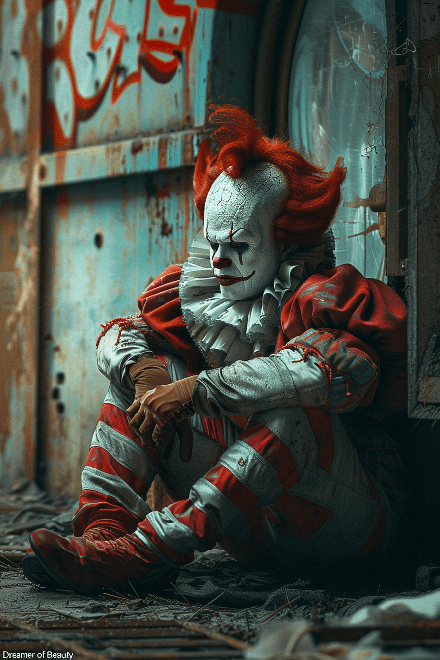 "robotic dreamer of beauty", a clown dwarf with a red and white striped costume crouches in an eerie environment, with a detailed face, a headshot portrait in a fantasy art style painting, vintage, poster art, ultra high resolution, hdr, vibrant, soft lighting, super detail, a masterpiece, cinematic, beautiful, gothic, horror, macabre, grunge. --ar 2:3 --s 550 --v 6. 0 --style raw